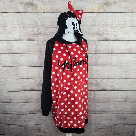 Disney Minnie Mouse Hooded Sweatshirt Lounge Red White Polka Dots Minnie Ears M - Picture 6 of 8